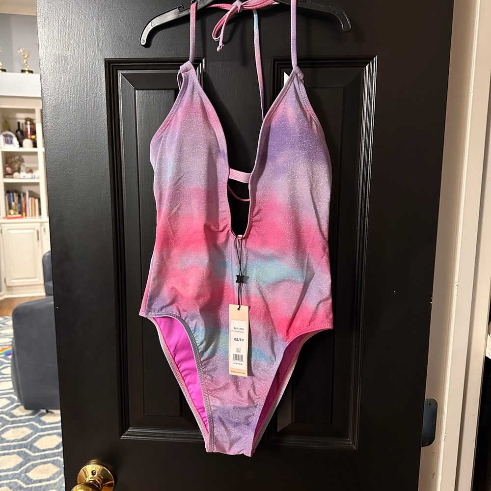 BCBG Pink & Purple Shimmer One Piece Swimsuit Rainbow Swimsuit XS NWT